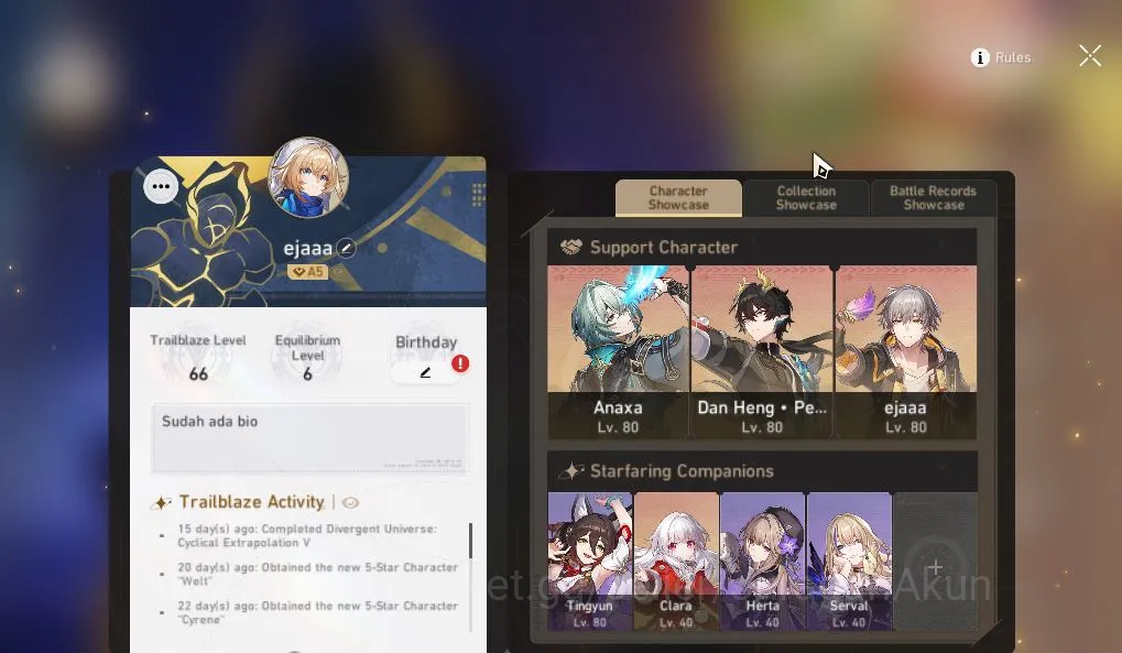 Honkai Star Rail Accounts Mid Game ASIA|TL 66| 5 Limited | Phainon+Sign,Anaxa+Sign,Cyrene,Dante,Archer|MC 2