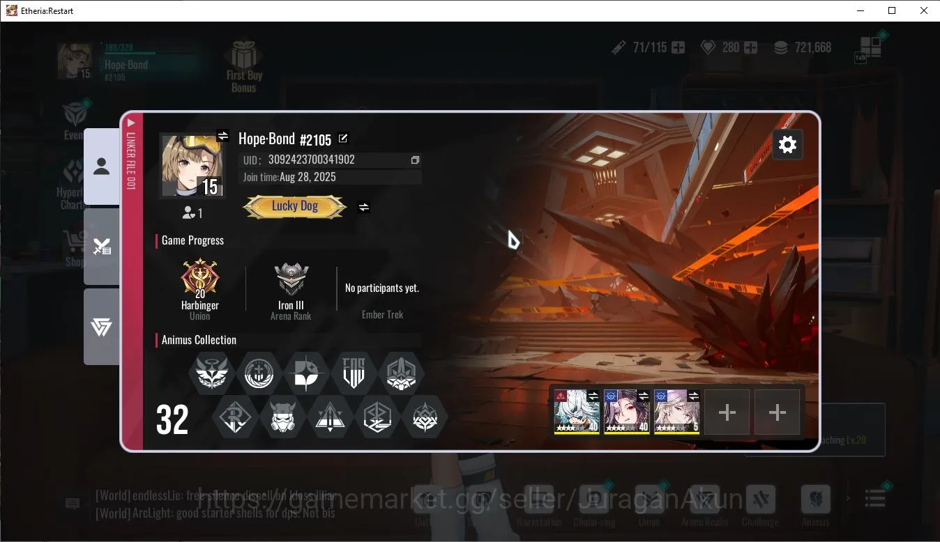 Etheria: Restart Accounts Mid‑Tier Global-S11| 6 SSR(Fuqiu,Holden,Rosa,Borgne,DokiDoki,Lian) 19 SR Animus |Female MC|Log 2