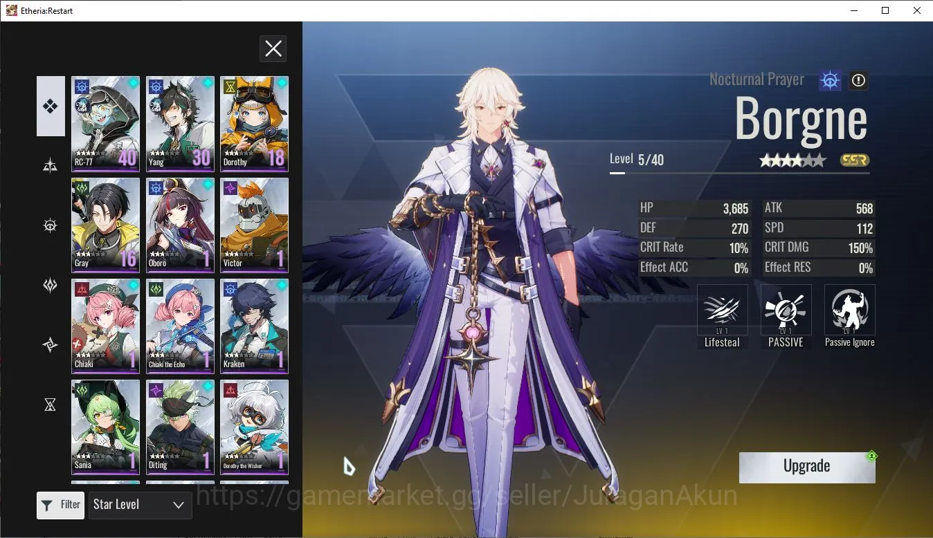 Etheria: Restart Accounts Mid‑Tier Global-S11| 6 SSR(Fuqiu,Holden,Rosa,Borgne,DokiDoki,Lian) 19 SR Animus |Female MC|Log 5