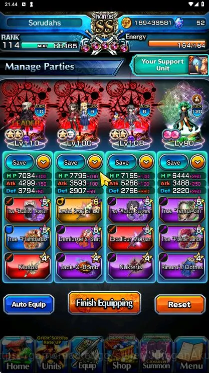 Grand Summoners Accounts End-Game [GLOBAL] Rank 114 | BEST 14 Ascend + 3 Sp art + Many Ascended True Weapons + 3 Max Luck 2