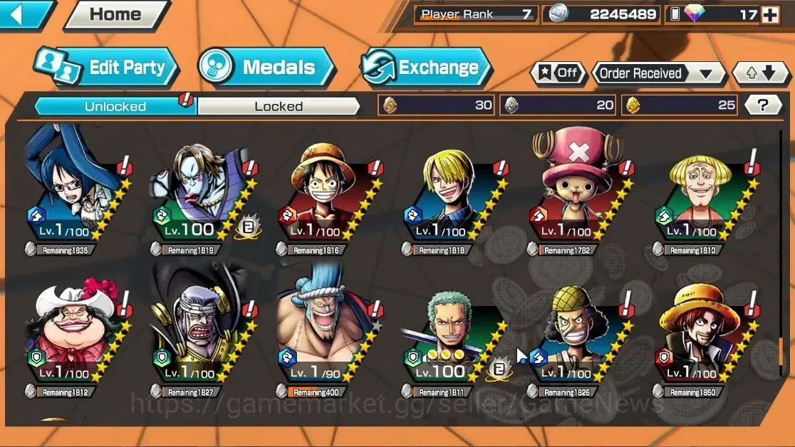 One Piece Bounty Rush Accounts High-End Global|4EX|4Emperor Teach,TSCA Kaido,Flame Emperor Sabo,Blackbeard Pirate Kuzan|Rank 12