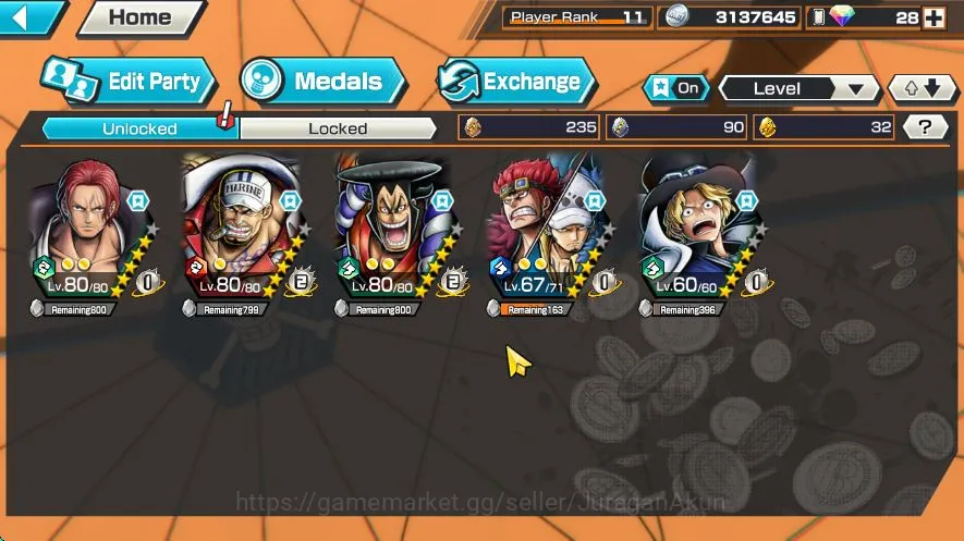 One Piece Bounty Rush Accounts Mid-Tier Global | 5 Meta Extreme [Shanks, Sakazuki, Kozuki Oden, Sabo, Kid and Law],Etc|Rank 3