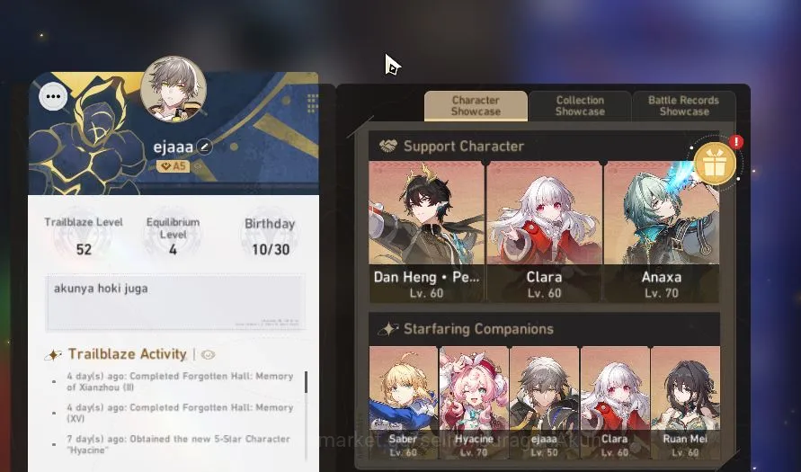 Honkai Star Rail Accounts Mid Game ASIA|TL 52|6 Limited|[Anaxa,Dante]+Sign Hyacine,Saber Etc|Panacony|Take Mail|Check 5