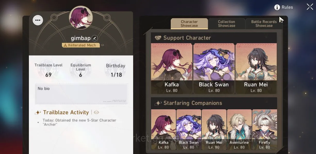 Honkai Star Rail Accounts Mid Game ASIA [TL69] 8 Limited (Kafka,Ruan MeiE1+Sign,Huohuo+Sign,Firefly+Sign,Aventurine, & ETC 2