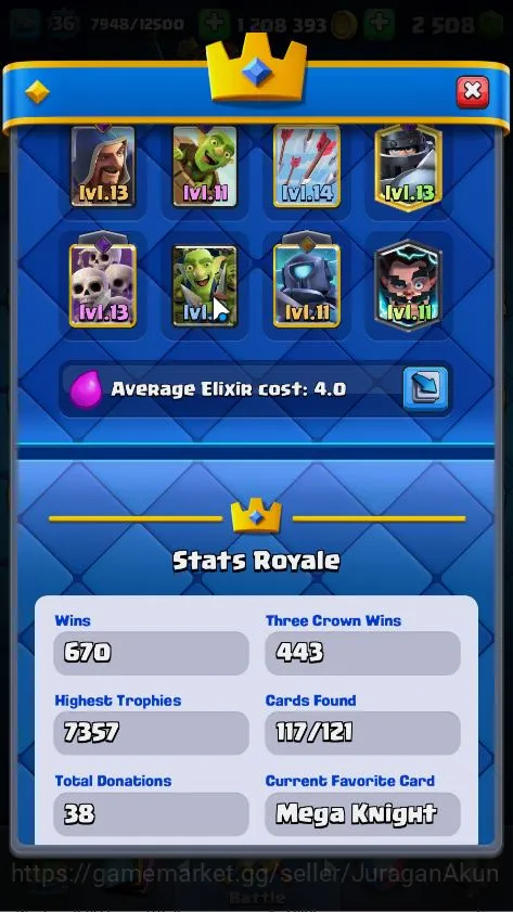 Clash Royale Accounts Midgame Lvl 36|Trophy 7210|KTL 12|Limited Skin|Card 117|1 Hero,6 Evo,4 Champ,21 Legend,33 Epic,30 2