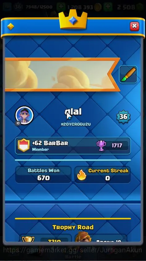 Clash Royale Accounts Midgame Lvl 36|Trophy 7210|KTL 12|Limited Skin|Card 117|1 Hero,6 Evo,4 Champ,21 Legend,33 Epic,30 3