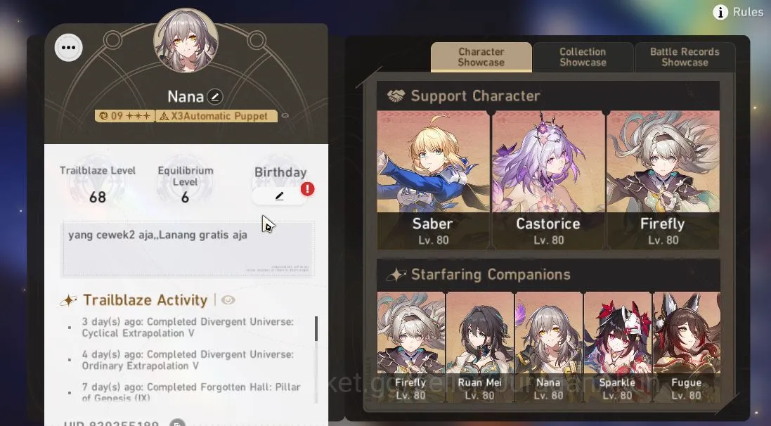Honkai Star Rail Mid Game Asia |TL68|8 Limited [Saber+Sign,Firyfly E1+Sign,C image 1