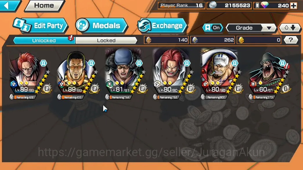 One Piece Bounty Rush Accounts Mid-Tier Global|6 META EX[Emperors Shanks,Departune Shanks,Kizaru,Kuzan,Akainu,Marshall 3