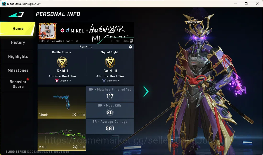 Blood Strike Accounts Others ASIA | 1 Eternal Striker: ZERO-Odashadow | 1 Collab Gun | 1 Legendary Melee | 5 Ultra Guns | 6 1