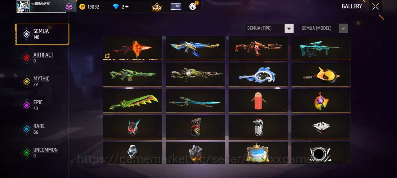 Free Fire Accounts Indonesia  | AKUN LVL 54 SG MAMBAH VAULT 110 EMOTE 20 KATANA LOBY 2 TAS 20 WEAPON 148 | W508 9