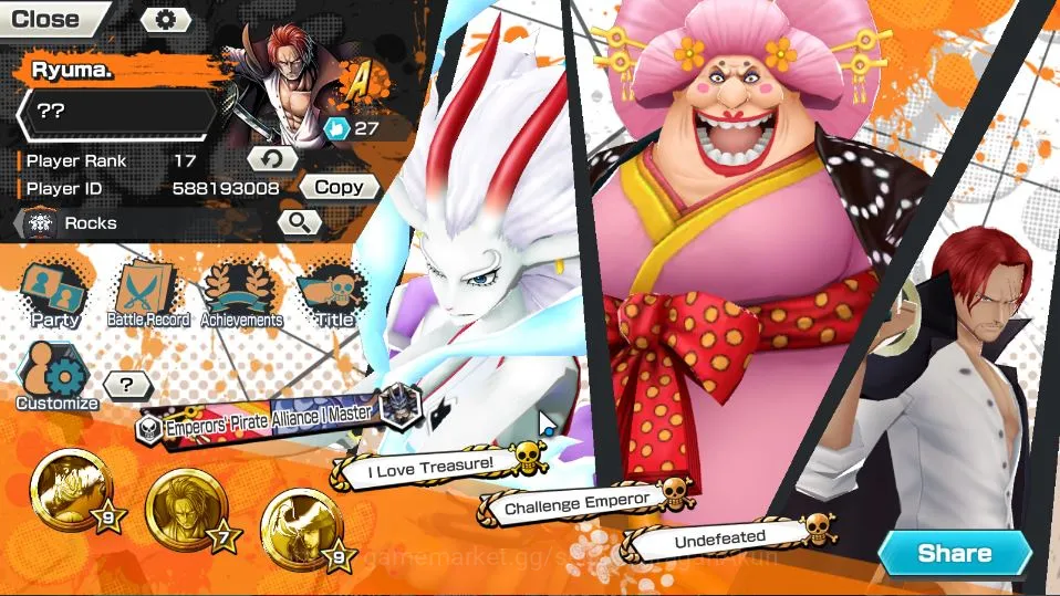 Global|4 META EX|Olin the Oiran,Sakazuki,Okuchi no Makami Yamato,Four Emperor Shanks|Rank 17|Log Bandai|Check SS(OPBR1398) One Piece Bounty Rush Accounts Starter Global|4 META EX|Olin the Oiran,Sakazuki,Okuchi no Makami Yamato,Four Emperor