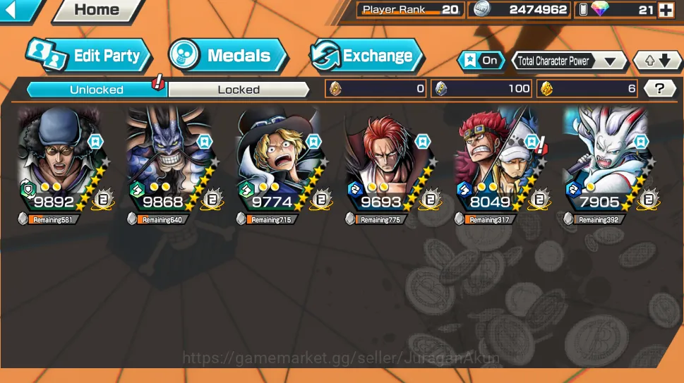 One Piece Bounty Rush Accounts Mid-Tier Global|6 META Extreme [Kaido,Kuzan,The Four Emperor Shanks,Kid and 2