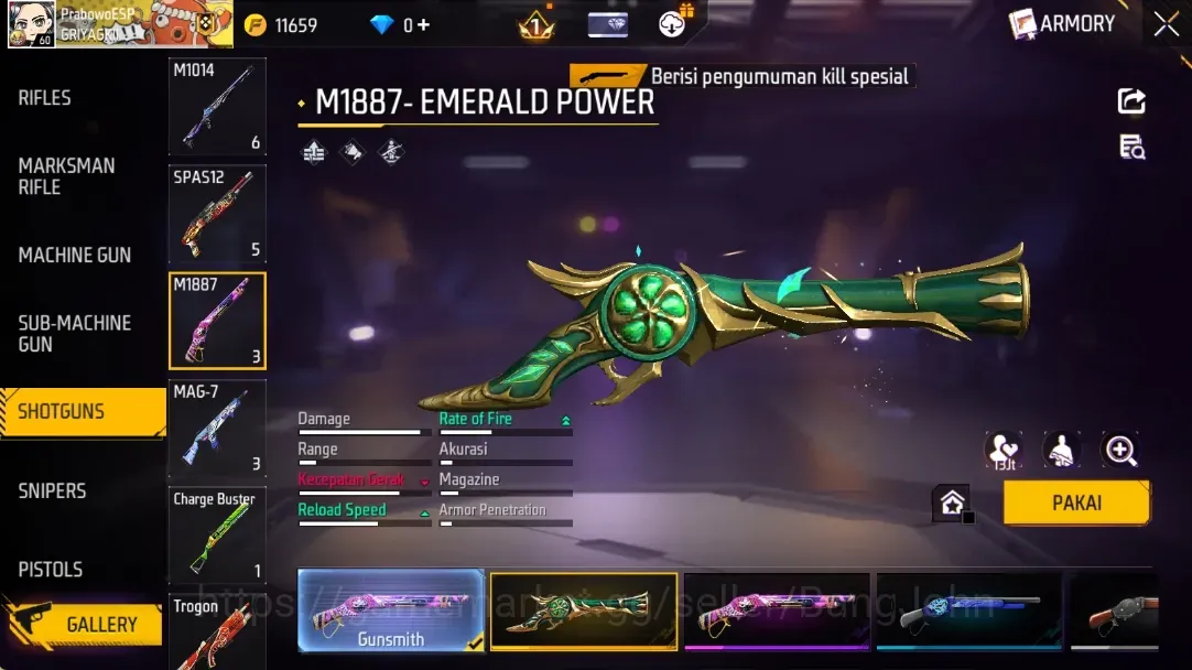 Free Fire Accounts Indonesia | M1887 - Emrald Power, M1887 - Rapper World, M1887 - Mamba Gnaw | Electrify Backpack | Check 1