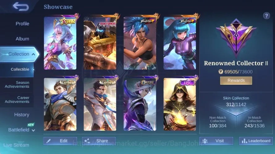 Mobile Legends: Bang Bang Accounts Collector Global|Skin 312|Renowned II|KOF Karina+Aurora,Collector Natalia,STAR ANUAL 1