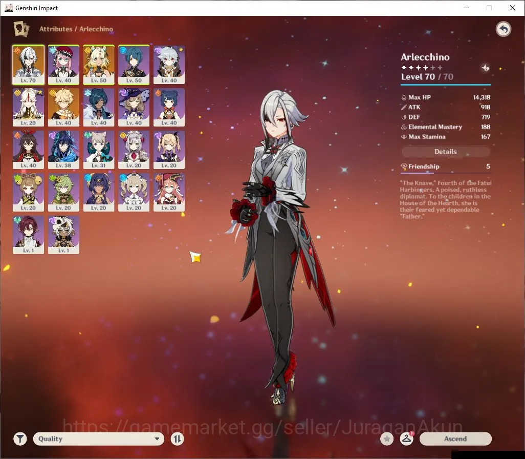 Genshin Impact Accounts Mid Game ASIA| AR 36 | 2 Limited+2 [5 Star Weapon]| Arlecchino,Xilonen | MC Male | Take Email 3