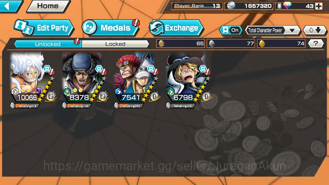 One Piece Bounty Rush Accounts Mid-Tier Global|4 META EX[Luffy Gear5,Sabo,Kid&Law,Kuzan,ETC]Rank 13|Log Bandai|Check 5