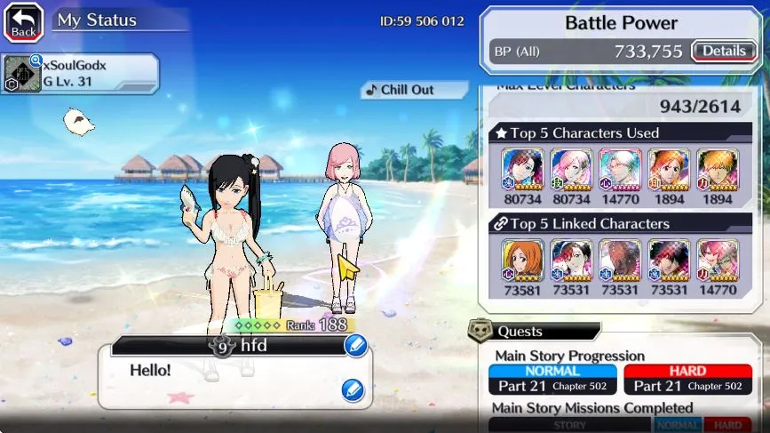 Bleach: Brave Souls Accounts High-End [GLOBAL]50k Orb|Ruika10Th,Gremmy9Th,Ichigo8Th,White8Th,Gin Fierce,Macy,Noel 4