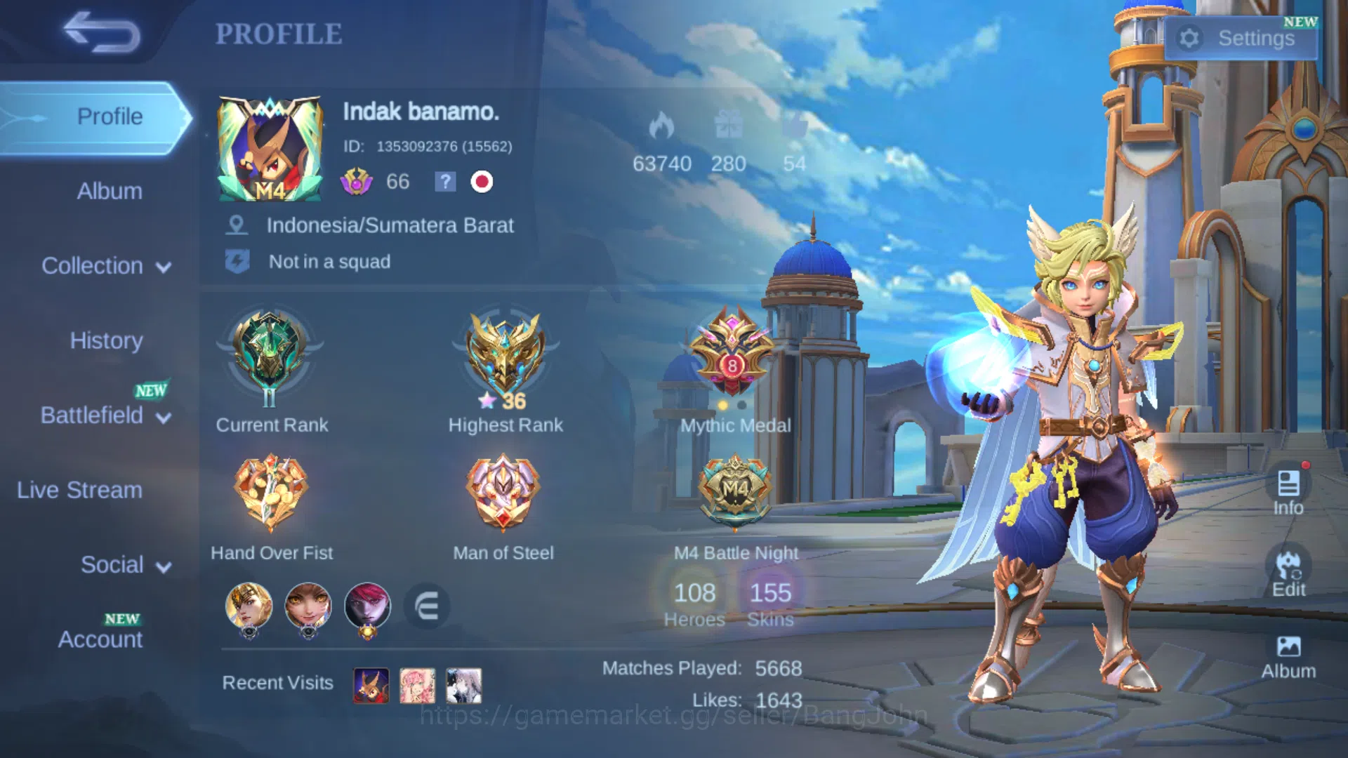 Hero 108 | Skin 155 | Emblem All Max | Lightborn Harith | Lightborn Tigreal | Epic Freya | Epic Moskov | Epic Roger (Limit) | Epic Uranus ~ ML504B Mobile Legends: Bang Bang Others Hero 108 | Skin 155 | Emblem All Max | Lightborn H image 1