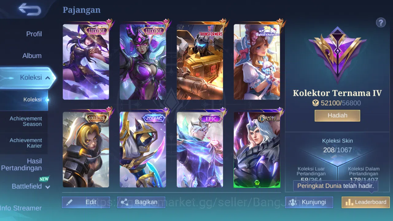 Mobile Legends: Bang Bang Accounts Others "Hero 98 | skin 208 | transformers roger | sanrio floryn | luckybox karina 2