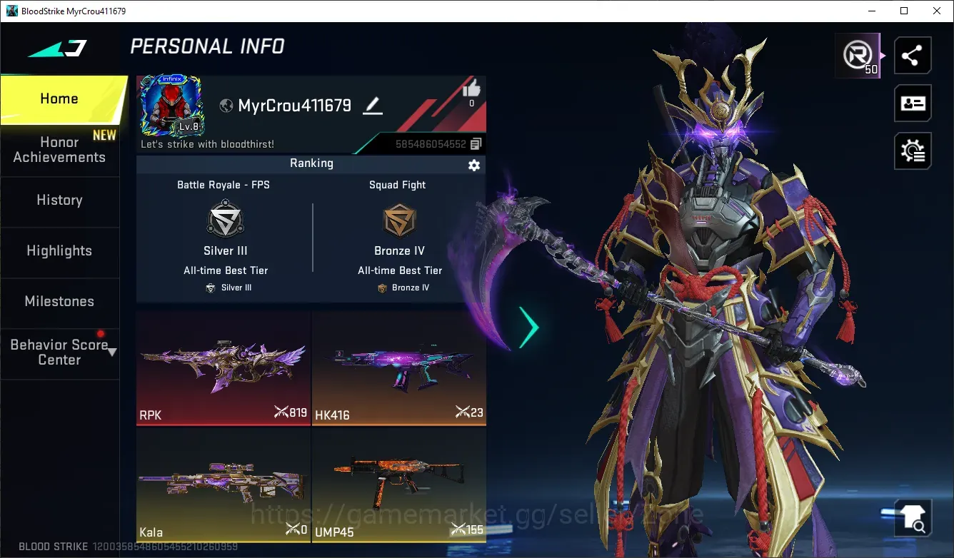 Blood Strike Accounts Others ASIA|ETERNAL(RPK-Flourish,ZERO-Odashadow)|ULTRA MELEE|1 ULTRA GUN|1 ULTRA VEHICLE|6 LEGENDARY 1