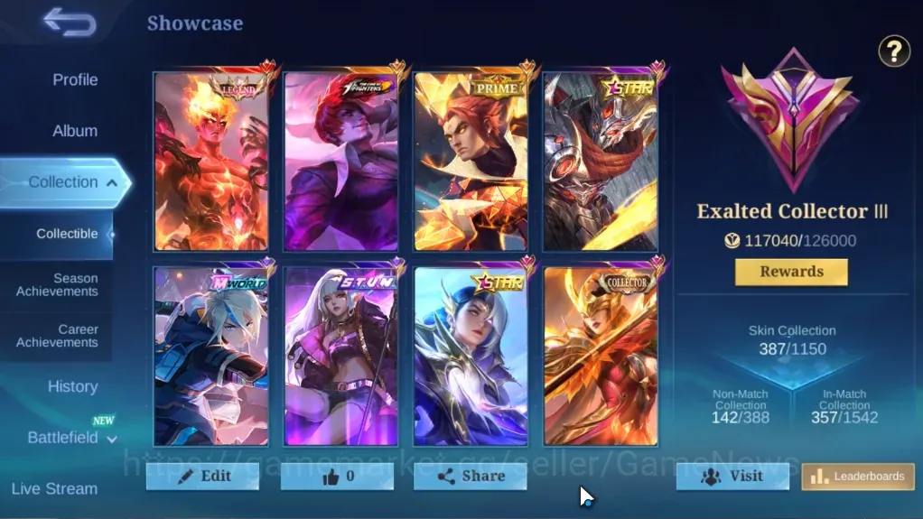 Mobile Legends: Bang Bang Accounts Collector Hero 133|Skin 387|Legend Valir,KoF Chou&Karina,Transformer Roger,KFP 1