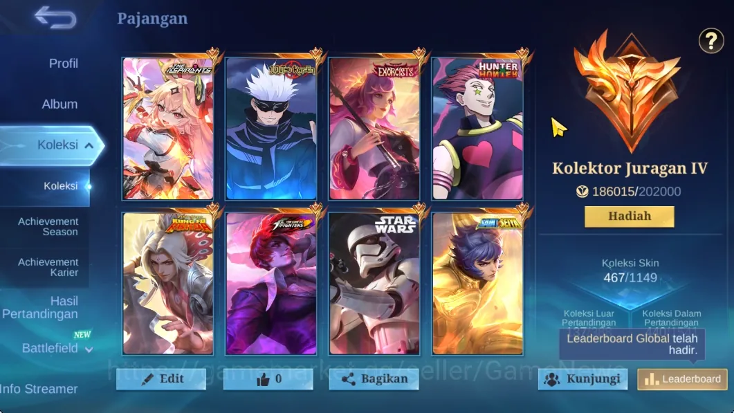 Mobile Legends: Bang Bang Accounts Collector Hero 133|Skin 467|Legend(Miya,Gord),Full JJK,Kof Chou,Exo Kagura,AllStar 1