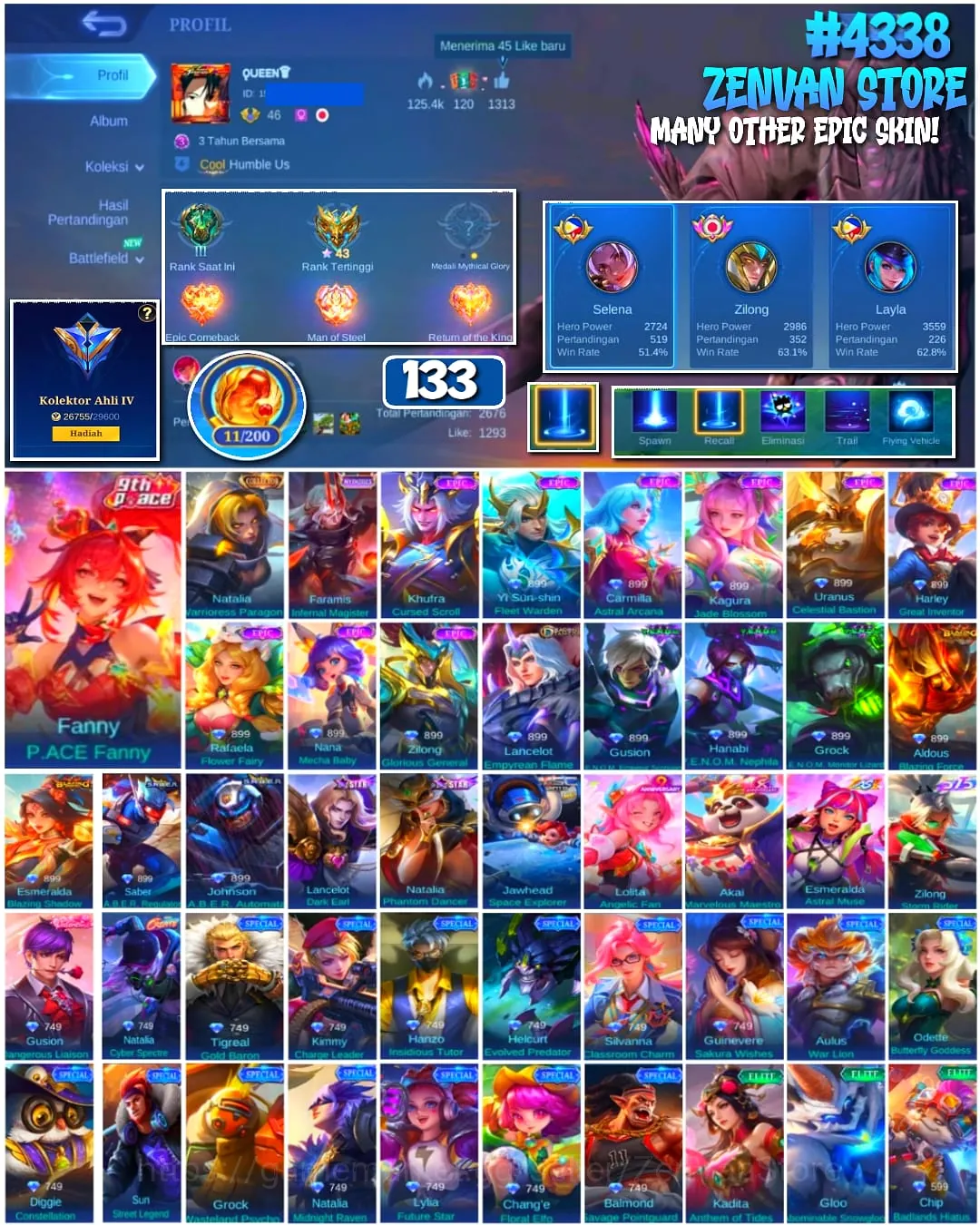 Mobile Legends: Bang Bang Accounts #4338 133 Skins | Natalia Warrioress Paragon (COLLECTOR) | Khufra Cursed Scroll (EPIC 1