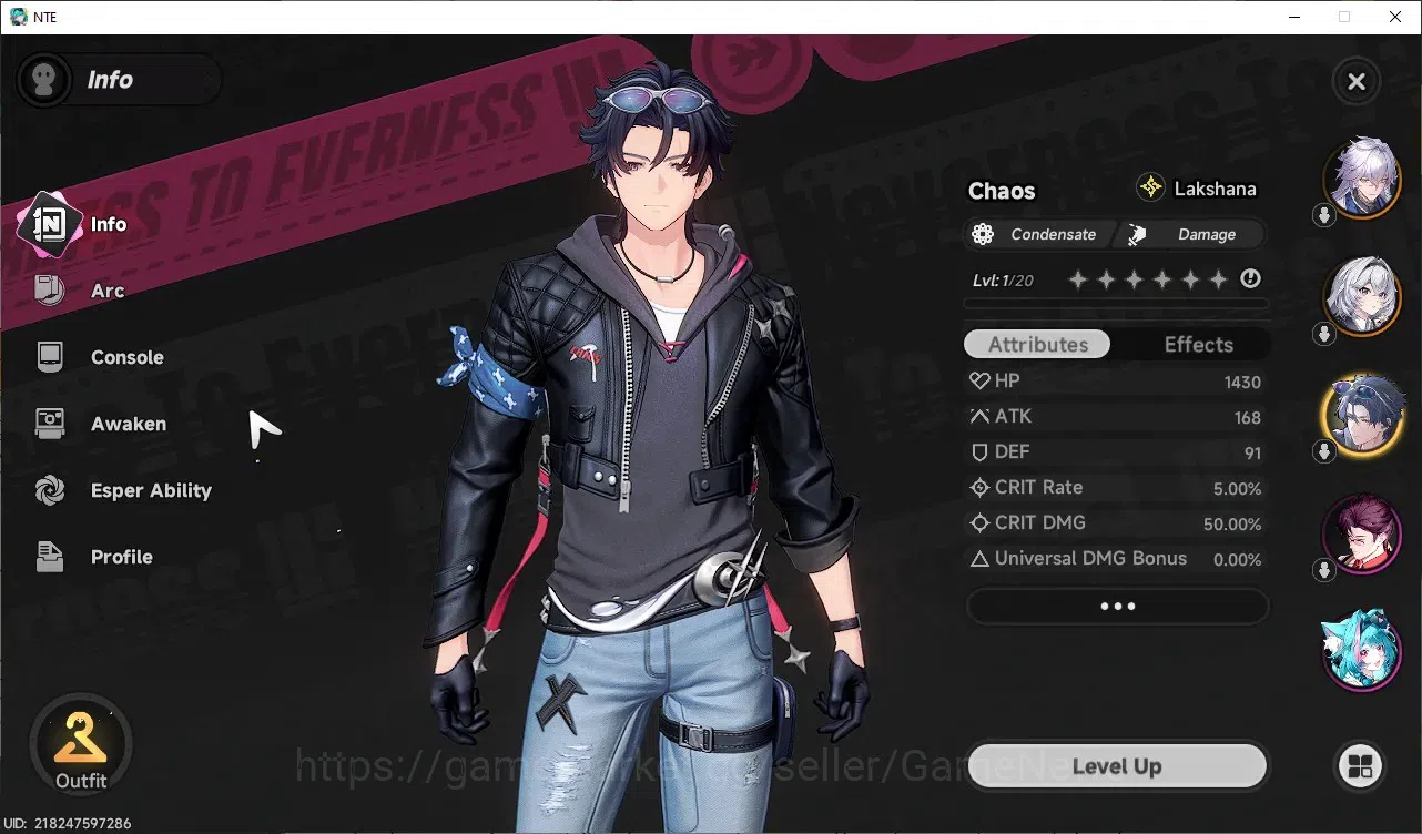 Neverness to Everness Accounts Global NA|HL 8|TL1|2 SSR 1 Limit[Chaos+Outfit],Baicang|2 Selector|Overcast&Underboss 2