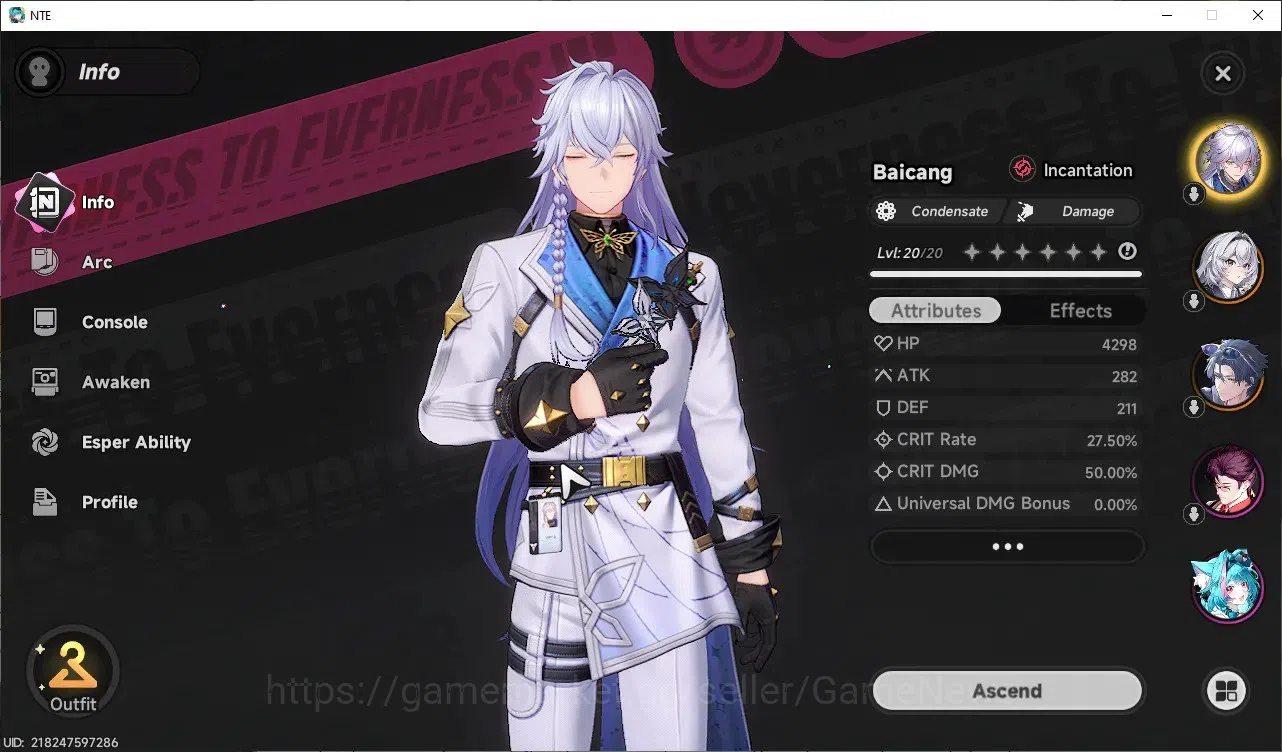 Neverness to Everness Accounts Global NA|HL 8|TL1|2 SSR 1 Limit[Chaos+Outfit],Baicang|2 Selector|Overcast&Underboss 4