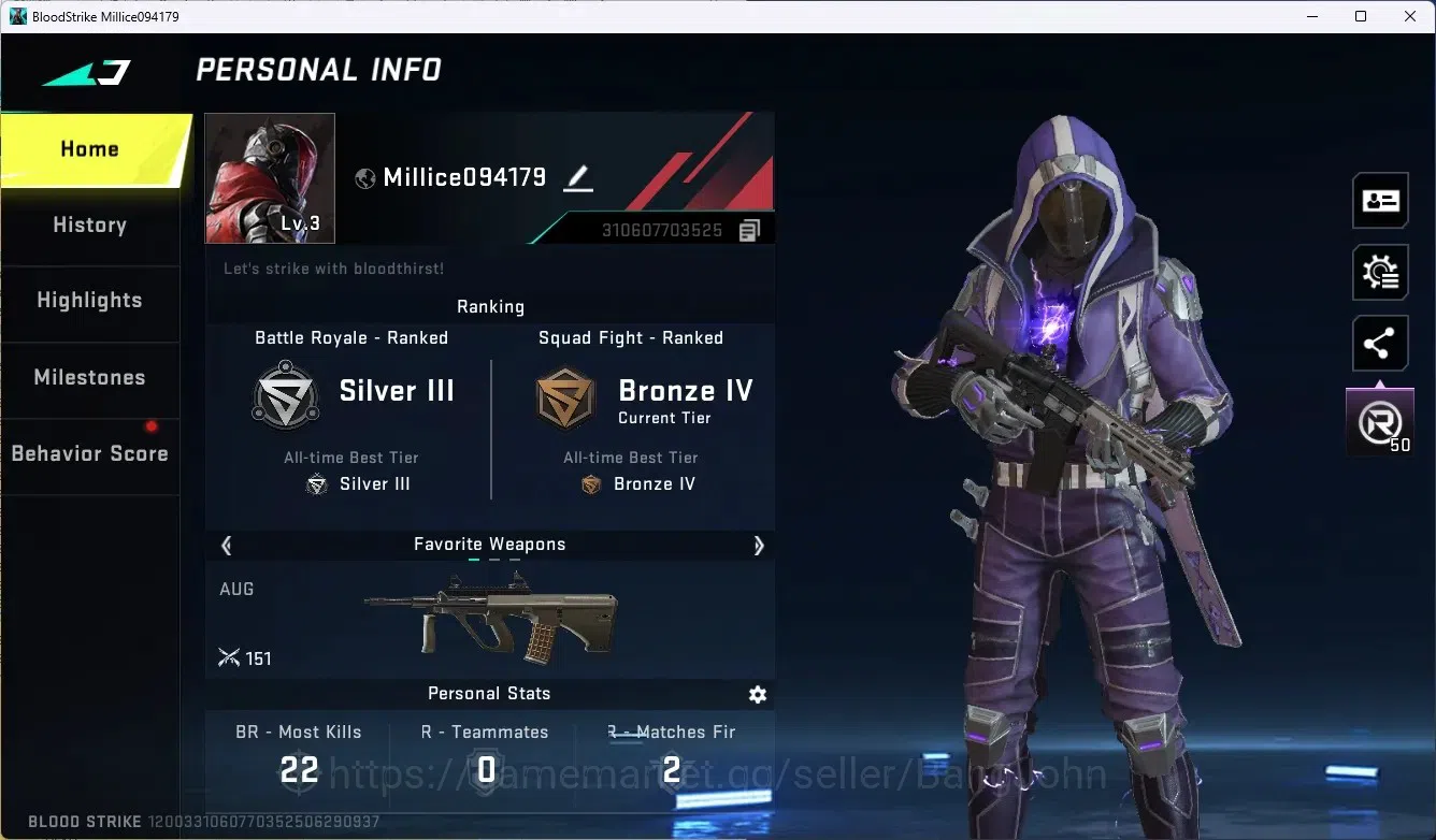 Blood Strike Accounts Others ASIA | Ultra Striker Kraken - Purple Lightning | 2 Legendary Gun | 1 Name-Changing Card |More 1