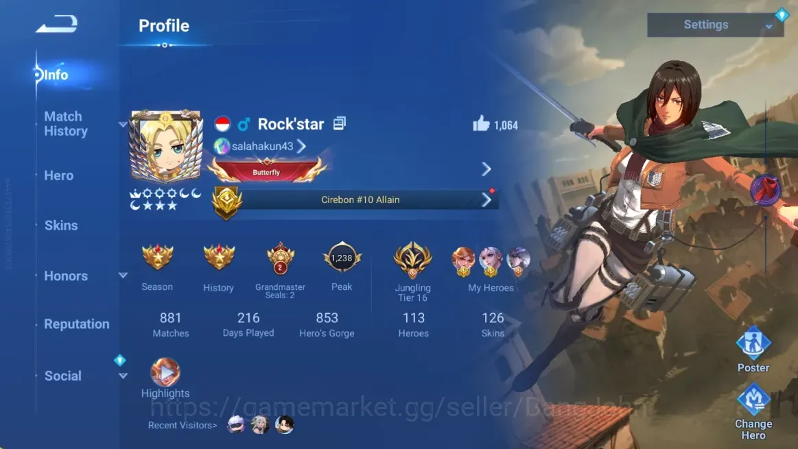 Honor of Kings Accounts Rare Skin Global|113H 126S|6 1