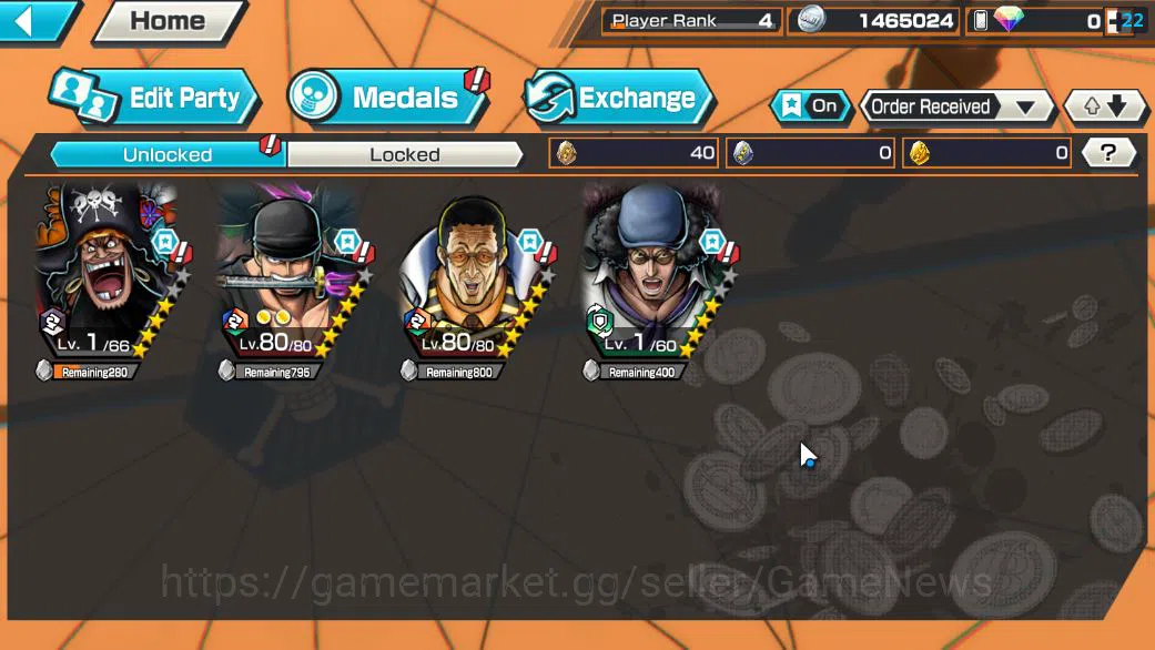 One Piece Bounty Rush Accounts Starter Global|4 EX|TFE Marshal D Teach,RO Roronoa Zoro,AMS Borsalino,BP Kuzan|Rank 4|Log 4