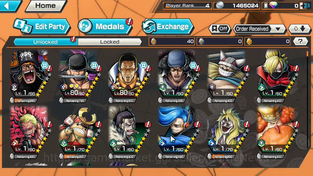 One Piece Bounty Rush Accounts Starter Global|4 EX|TFE Marshal D Teach,RO Roronoa Zoro,AMS Borsalino,BP Kuzan|Rank 4|Log 5