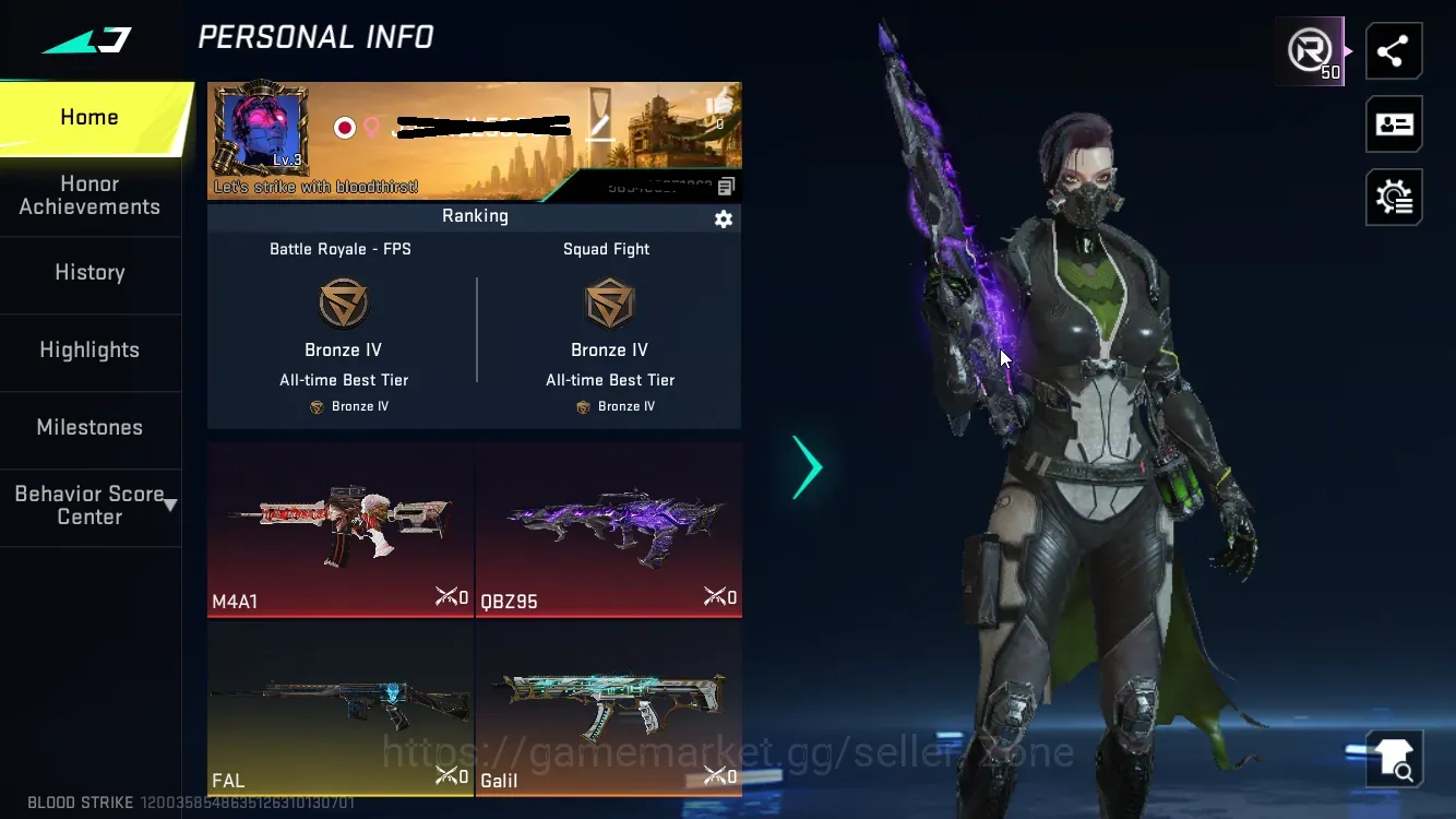 Blood Strike Accounts Collab Skin ASIA|1 eternal:qbz95-Whisper|1 collab:M4A1|1 ultra:Galil|3 1