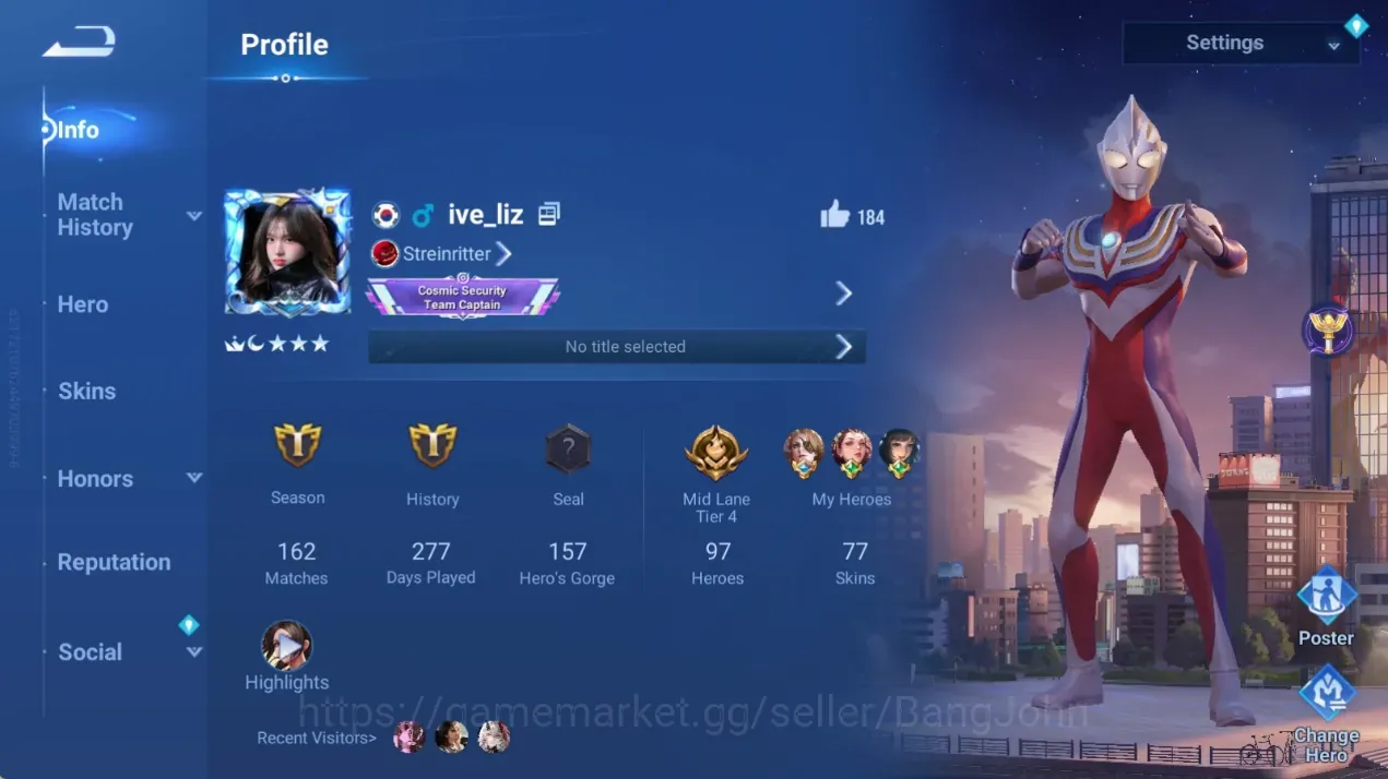 Honor of Kings Accounts Rare Skin Global | 97H 77S | Precious Ultraman Mozi | 2 Legend | KIC Luna | 2 Event Exclusive | 2 1