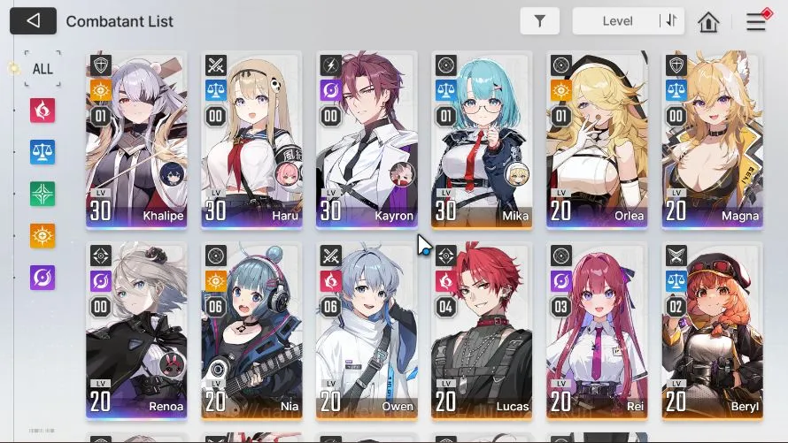 Chaos Zero Nightmare Accounts GLOBAL Lv 30| 6SSR(KhalipeM1 HaruM1 Kayron Orlea Magna Renoa)+ 10SR (NiaM6,OwenM6,LucasM4 2