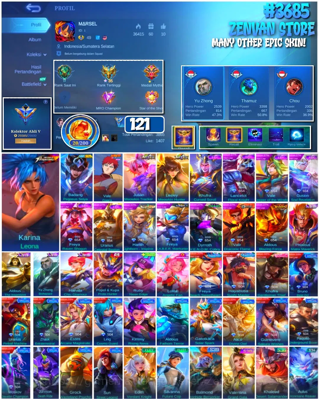 Mobile Legends: Bang Bang Accounts #3685 121 Skins | KoF Karina | Saint Seiya Badang image 1