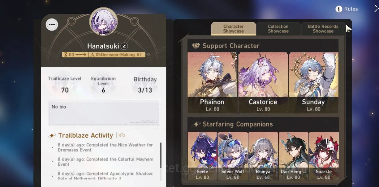 Honkai Star Rail Accounts End Game ASIA|TL 70|15 Limited|[Firefly+Sign,Castorice+Sign,RobinE1,Saber,3B,ETC]|Amphoreus|MC 4
