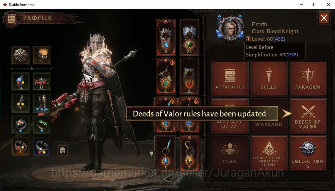 Diablo Immortal Accounts Mid-Tier SEA - Anu|Lv60(452)Blood Knight|29k CR|Reso 570|Hell III|Paragon Slayer|Hell 3