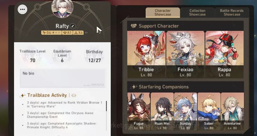 Honkai Star Rail Accounts End Game ASIA | TL 70 | 13 Limit|(Fugue,Rappa,Feixiao,3B,Aventurine)+Sign TheDahlia,Etc| Amphoreus 5