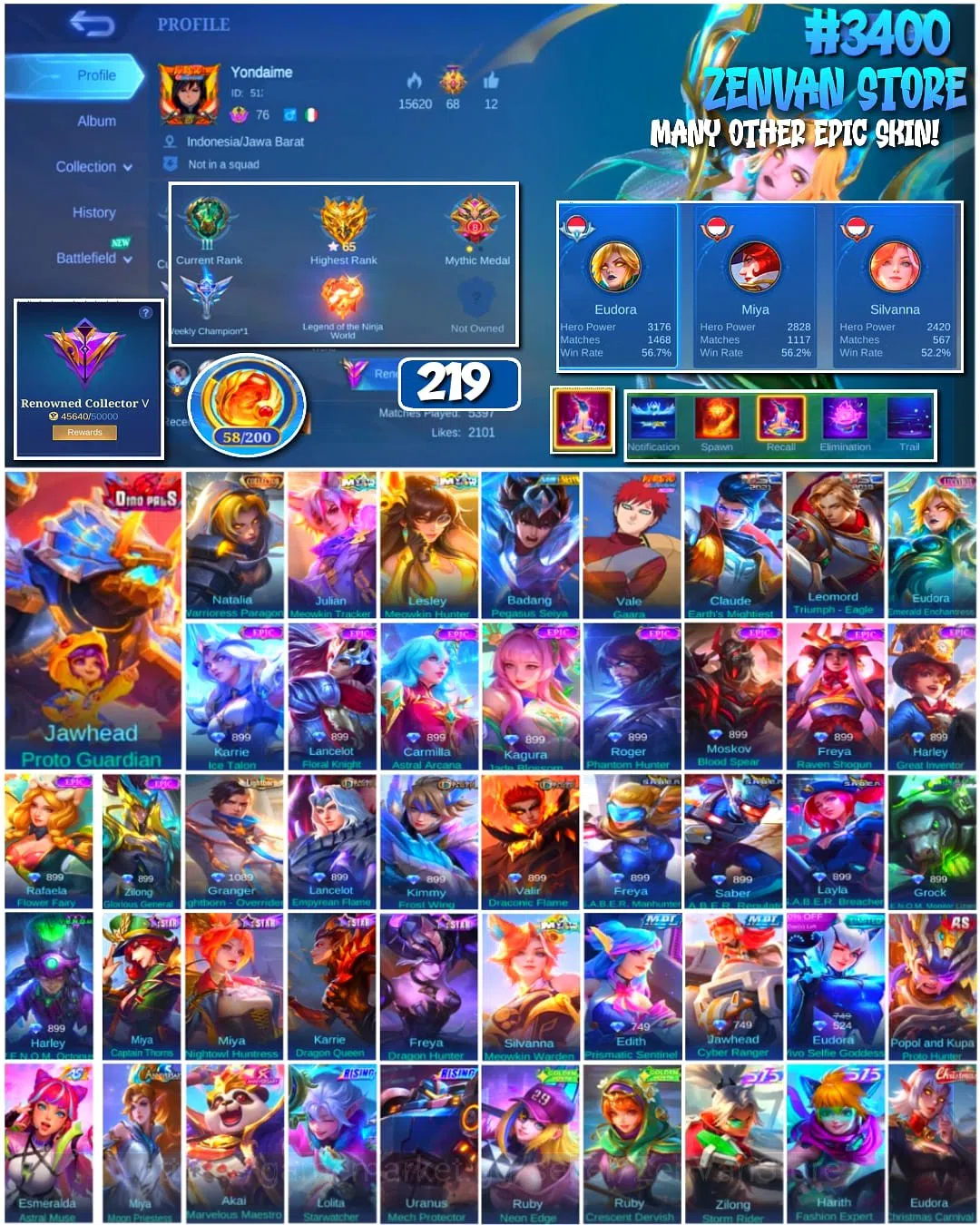 Mobile Legends: Bang Bang Accounts #3400 219 Skins | Collector Natalia | Saint Seiya image 1