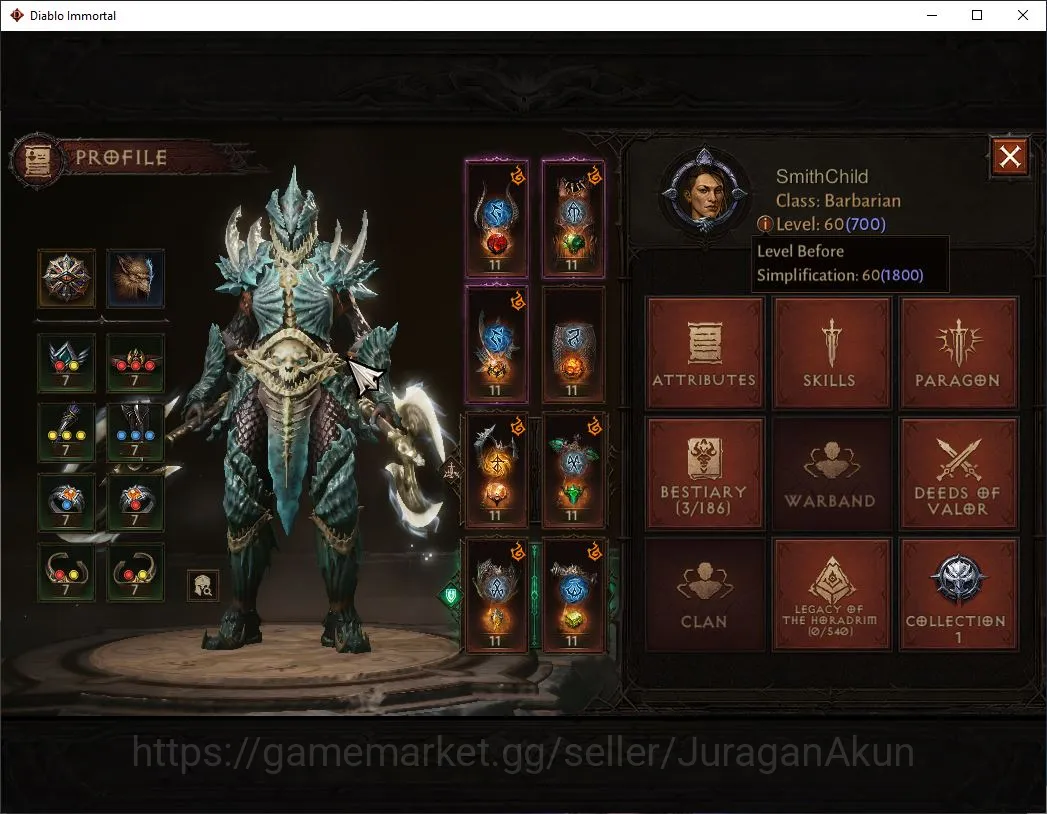 Diablo Immortal Accounts Mid-Tier NA - Burning Hells|Lv60(700) Barbarian|39K CR|Reso 300|Inferno II|Paragon Harbringer|1 3