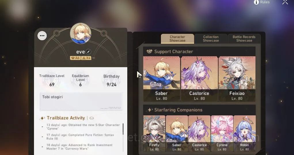 ASIA|TL 69|10 Limited|Castorice+Sign,Cyrene,Firefly,Robin,Feixiao,Saber,RuanMei,Etc|MC Male|Amphoreus|TakeMail|Check SS(HSR4725) Honkai Star Rail Mid Game ASIA|TL 69|10 Limited|Castorice+Sign,Cyrene,Firefl image 1