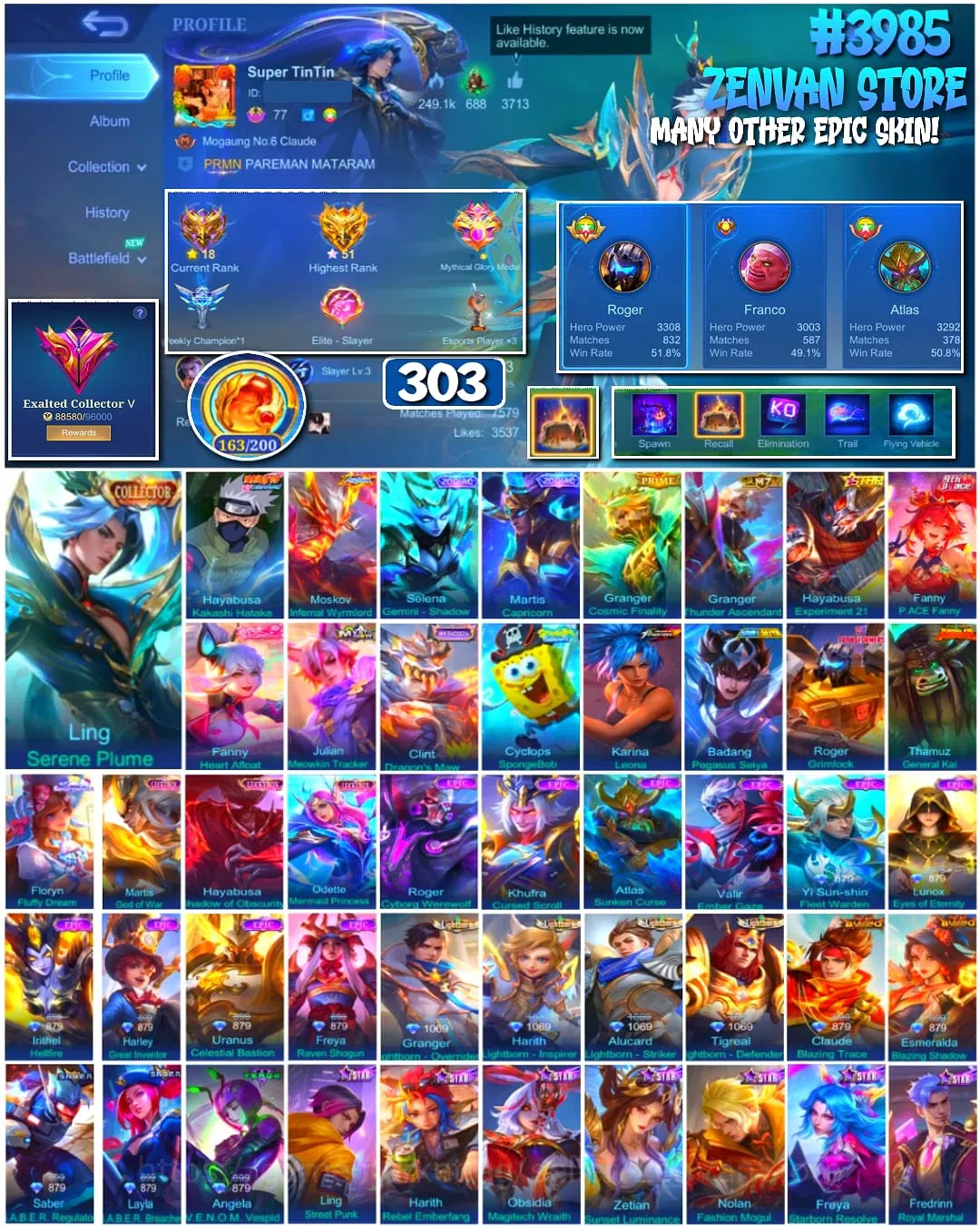 Mobile Legends: Bang Bang Accounts 🔥 #3985 🔥 303 Skins 💎 Exalted Collector V 👑 Collector Skin ⚔️ Naruto Hayabusa Kakashi 1