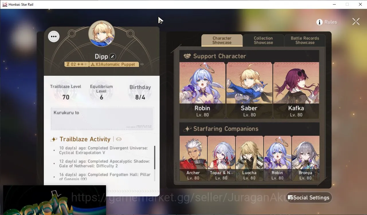 Honkai Star Rail Accounts Starter ASIA|TL 70 | 7 Limited |[Saber E3,kafka E1,JingYuan,Archer]+Sign,Topaz,Kafka,Luocha| MC 2