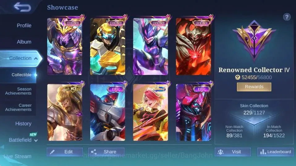 Mobile Legends: Bang Bang Accounts Collector Global|Skin 229|Renowned|KOF Karina,LBox,Saber+Johnson+Karrie+Zhask,Blazing 2