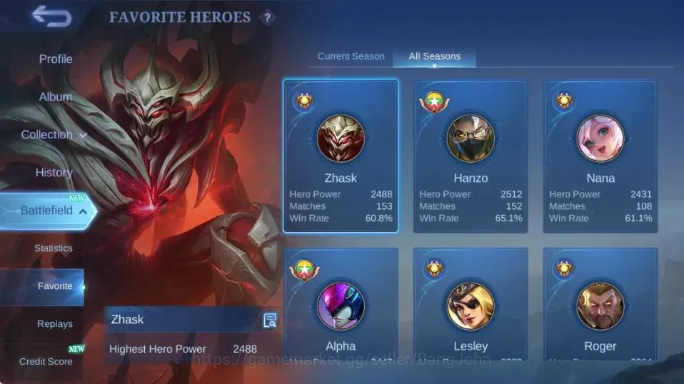 Mobile Legends: Bang Bang Accounts Collector Global|Skin 229|Renowned|KOF Karina,LBox,Saber+Johnson+Karrie+Zhask,Blazing 4