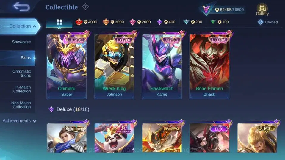 Mobile Legends: Bang Bang Accounts Collector Global|Skin 229|Renowned|KOF Karina,LBox,Saber+Johnson+Karrie+Zhask,Blazing 6