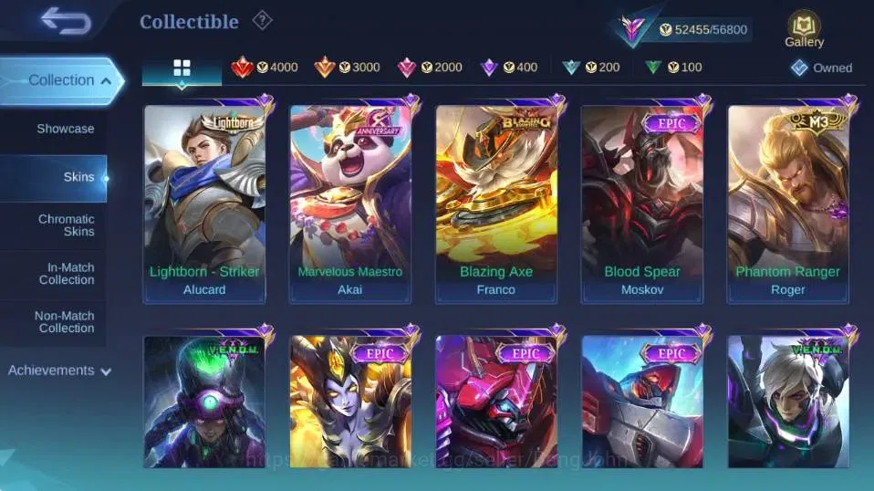 Mobile Legends: Bang Bang Accounts Collector Global|Skin 229|Renowned|KOF Karina,LBox,Saber+Johnson+Karrie+Zhask,Blazing 7