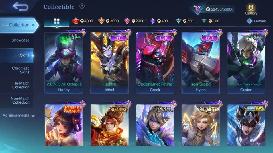 Mobile Legends: Bang Bang Accounts Collector Global|Skin 229|Renowned|KOF Karina,LBox,Saber+Johnson+Karrie+Zhask,Blazing 8